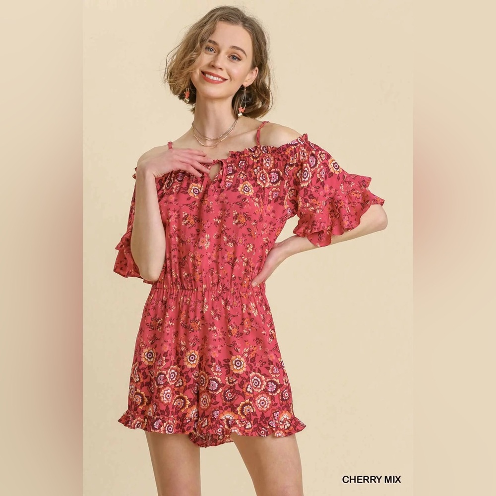 Umgee Cherry Mix Floral Off-Shoulder Romper - Pink